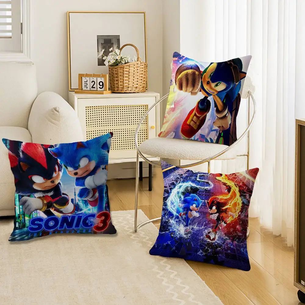 S-Sonic the Hedgehog Cartoon Pillow Covers Cartoon Sofa Decorative Home Double-sided Printing Short Plush Cute Cushion Cover