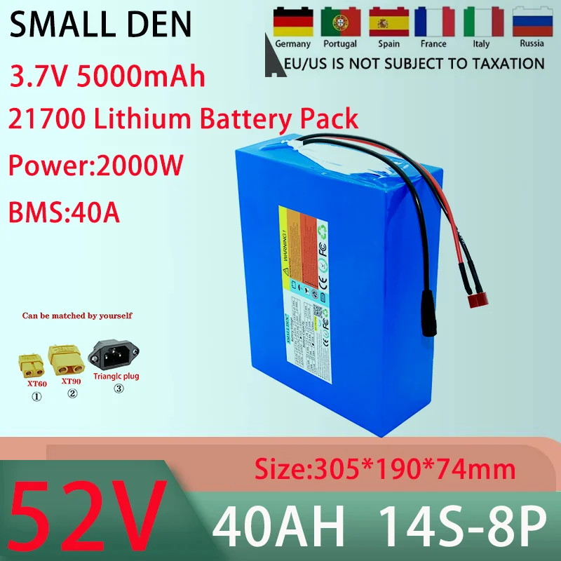 New 52V 40AH 14S8P 21700 lithium battery pack With 40A BMS 100-2000W high-power rechargeable battery+58.8V 5A charger