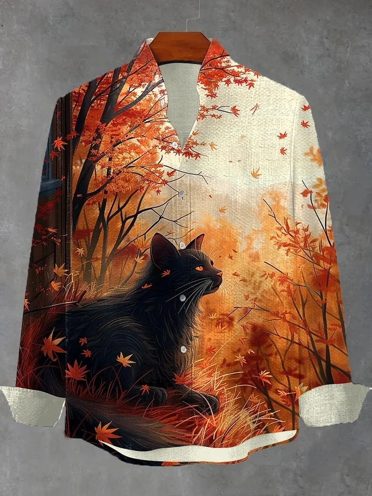 

Мужская рубашка с длинными рукавами, классическая удобная мужская осенняя блузка с черным котом и художественным принтом без карманов, трендовые топы с воротником-стойкой
