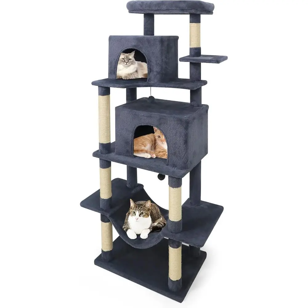 

70 Inch Tall Multi-Level Cat Tower with Sisal Posts, Plush Perch, 2 Condos, Hammock, 2 Balls for Large Cats