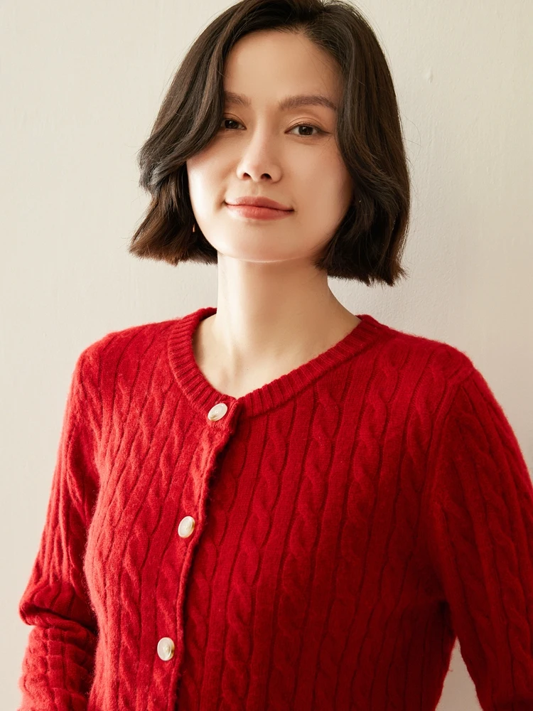 

Autumn Winter 100% Cashmere Cardigan Retro Grace Casual Woman Clothing Jacquard Cable Stitch Knitwear Sweater Solid Color Basics