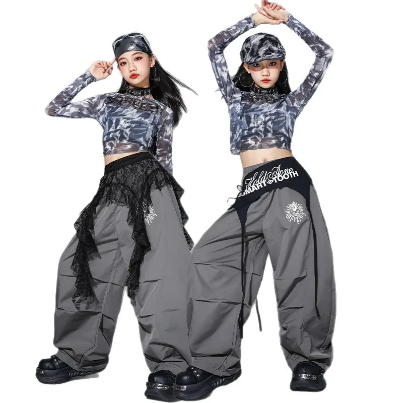 Girls K-pop Sequin Shiny Crop Shirt Cargo Pants Child Street Dance Costume Kids Hip Hop Streetwear Jazz Girl Group Clothes Set