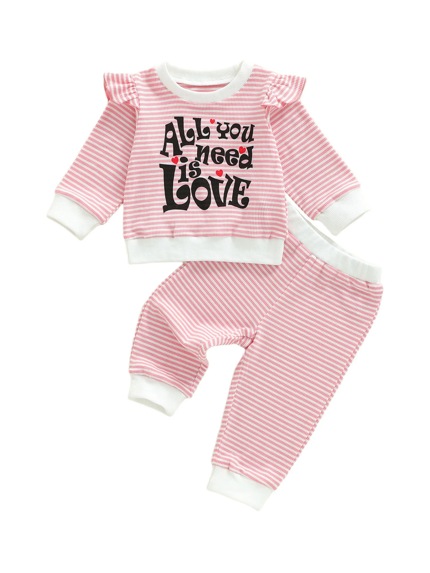 ملابس عيد الحب للفتيات الرضع طقم بلوزات وسراويل مكشكشة مطبوعة على شكل قلب وردي للأطفال الصغار بأكمام طويلة مكون من قطعتين #2