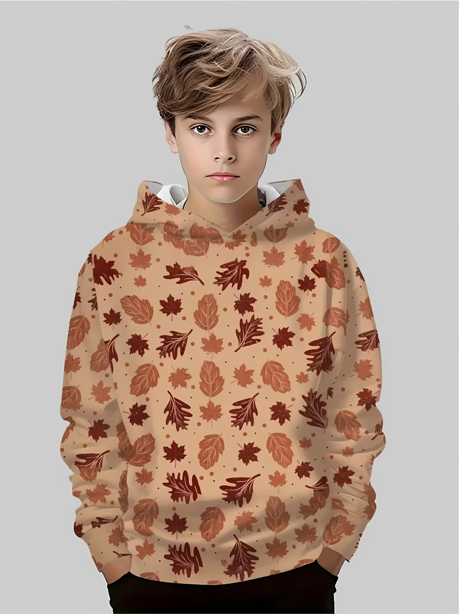 The 2025 autumn new soft children's sweatshirt with 3D maple leaf pattern printed casual style children's comfortable sportswear