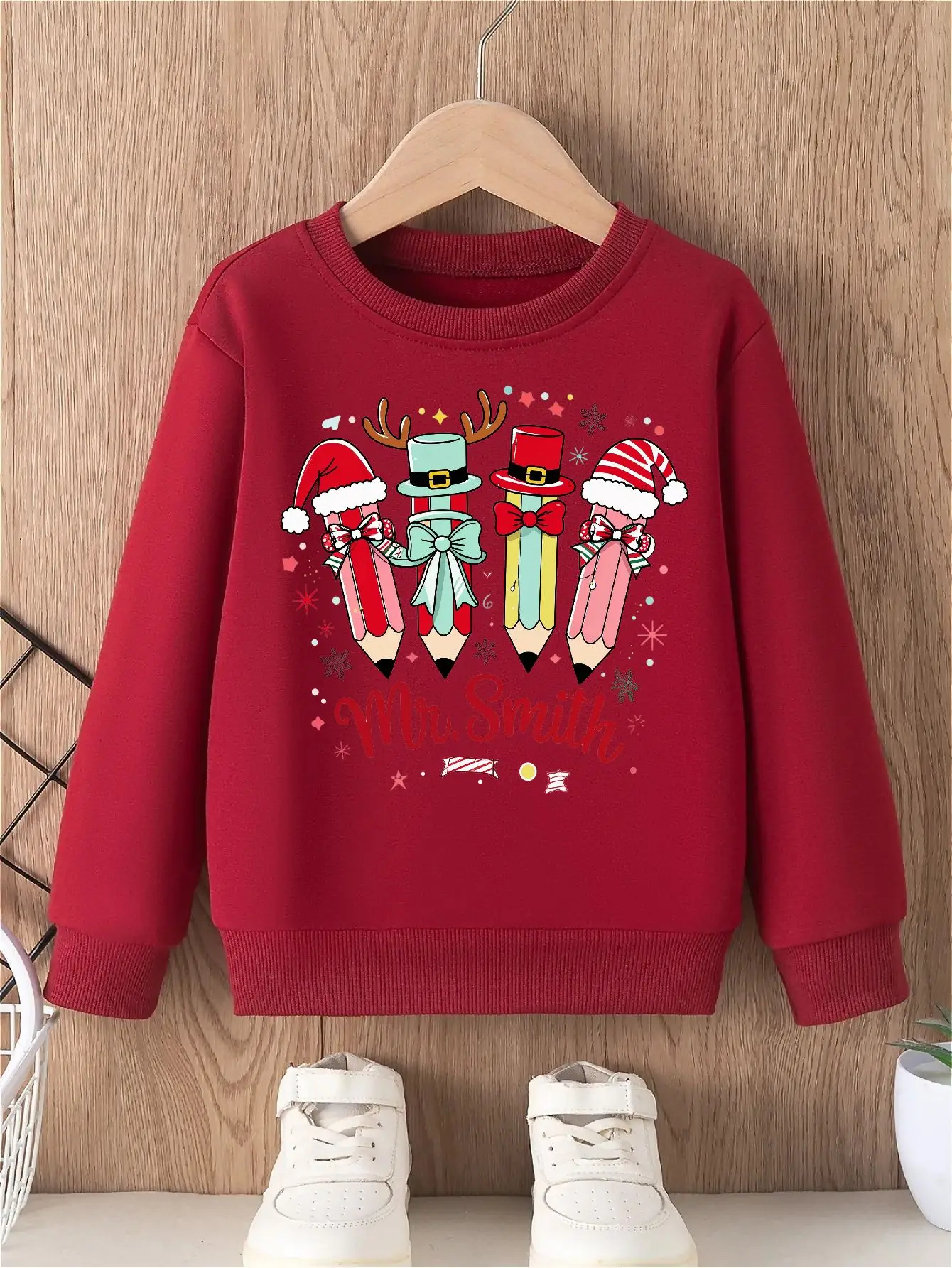 

Christmas Cartoon Character Pencils Print Girls' Hoodless Sweatshirt, Soft and Comfortable Round Neck Top