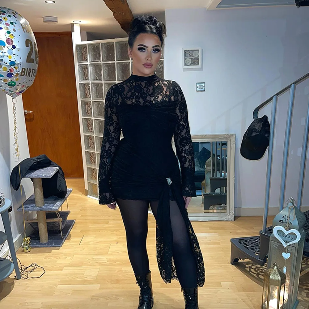섹시한 바디콘 레이스 여성 드레스 긴 소매 시스루 핫걸 주름 미니 드레스 블랙 하이 스트리트 파티 의류
