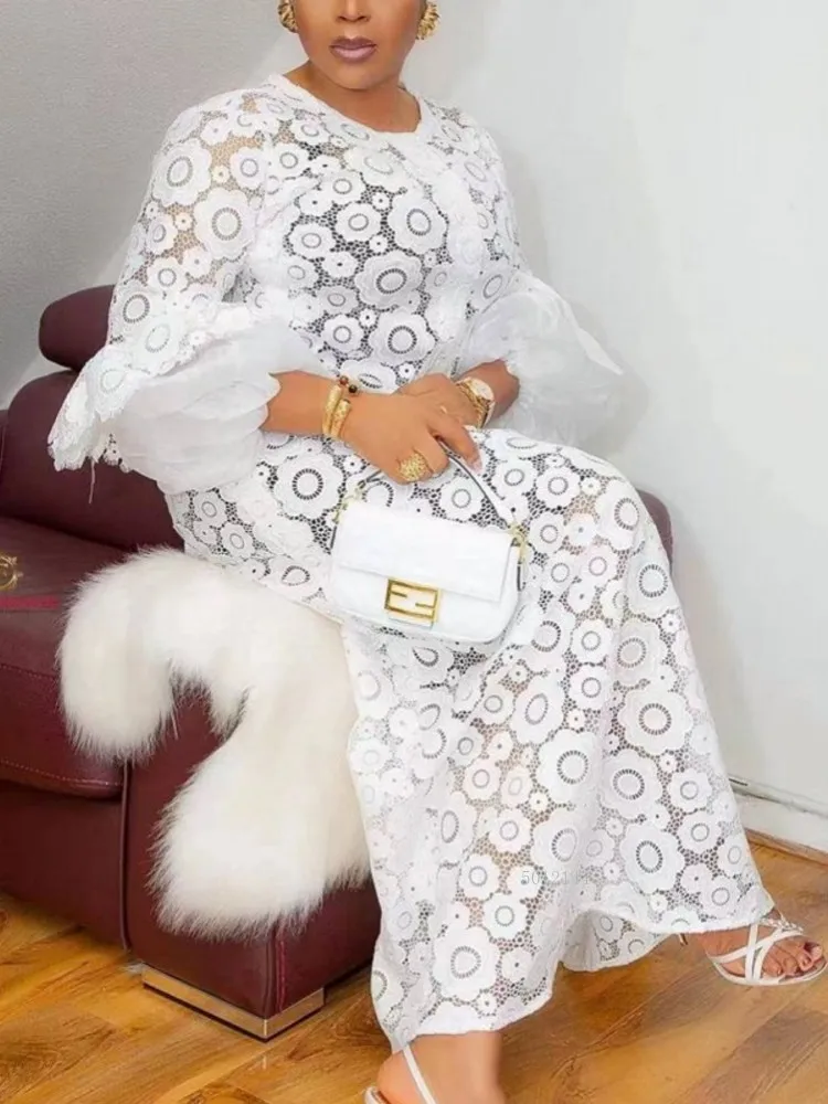 فساتين أفريقية بيضاء للنساء مفرغة أنيقة 2026 موضة إسلامية جديدة عبايات Dashiki رداء قفطان فستان طويل ماكسي قطعة واحدة #2