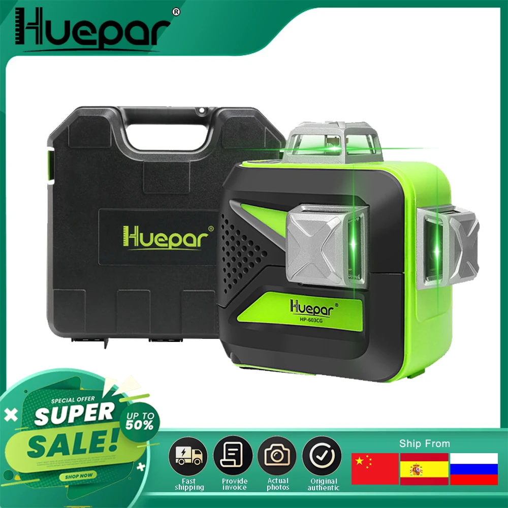 Huepar 12 Lines 3D Cross Line Laser Level Self-Leveling 360 Vertical & Horizontal Green Beam with Hard Carry Case Laser Tool Kit