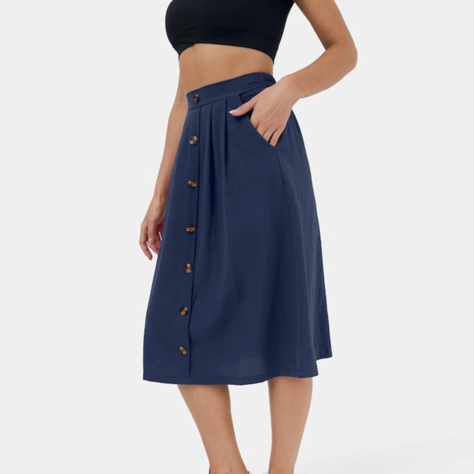 Women's Skirt Cotton Linen Casual Straight Skirts Woman Fashion 2024 Summer Loose Solid Color Button Long Skirts for Women