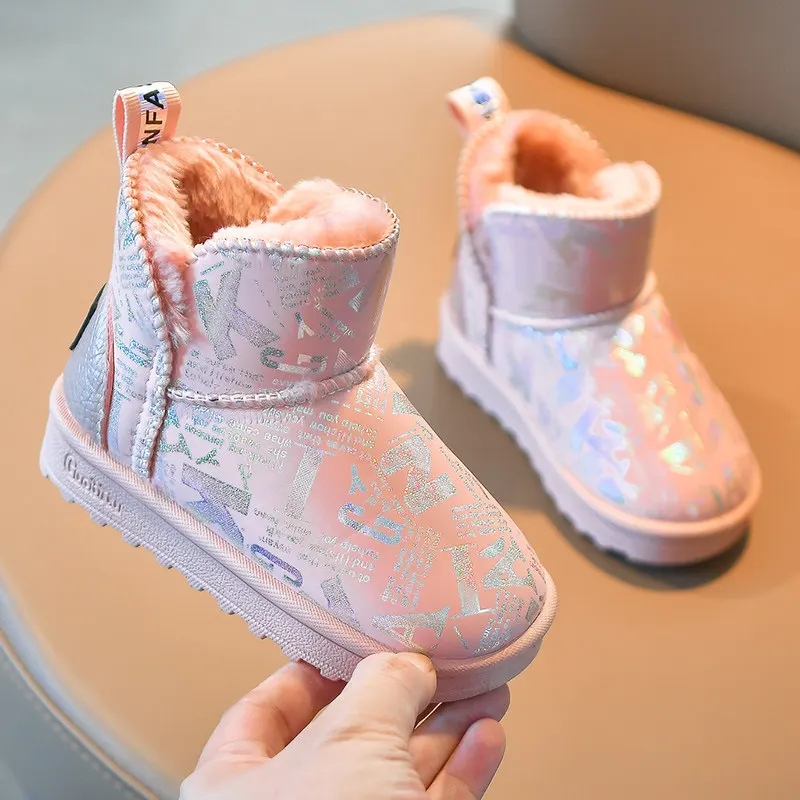 2025 New Winter Waterproof Warm Rubber Sole Plush Children's Boots Ankle Snow Boots Slip-on Cotton Trendy Furry Pu Casual Shoes