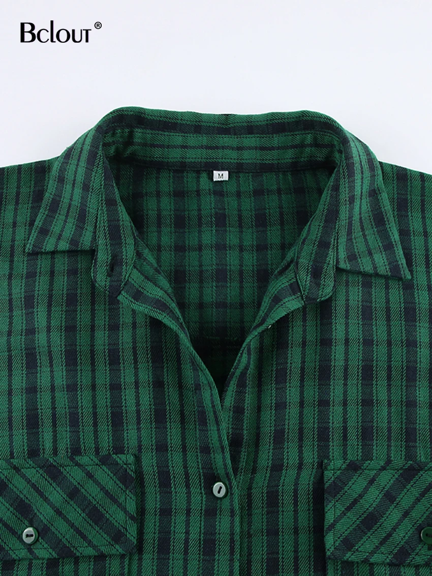 Bclout Casual Green Plaids Loose Blouses For Women 2024 Winter Vintage Long Sleeve Party Shirts Flannel Elegant Office Lady Tops