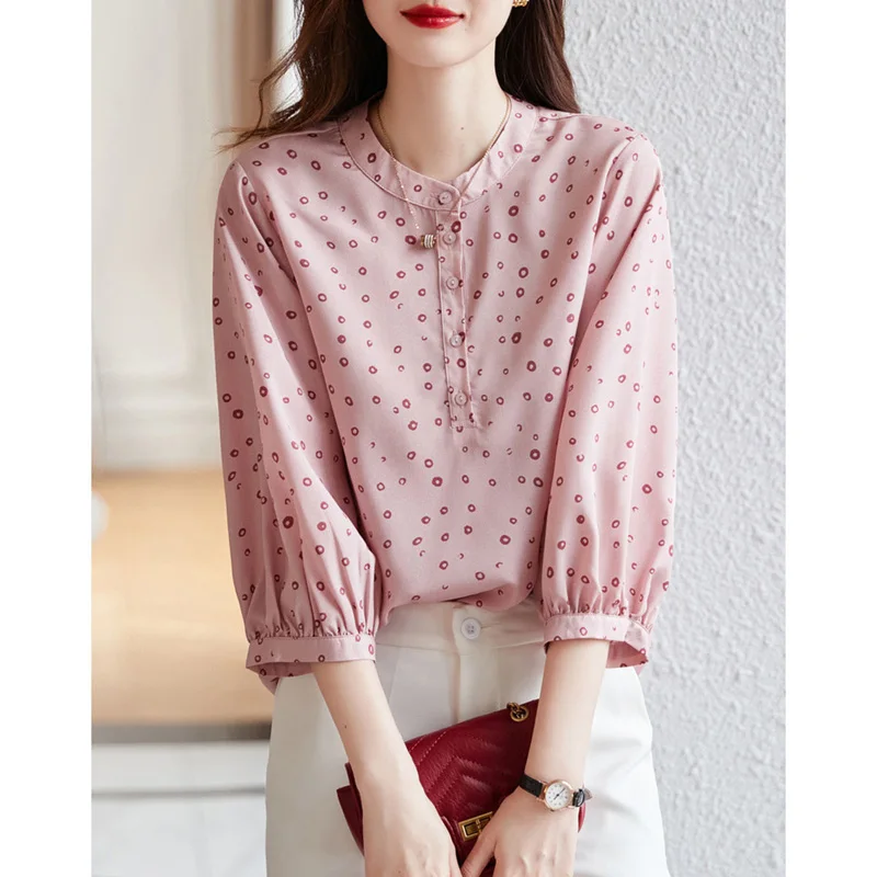 Fashion Printed Polka Dot Puff Sleeve Loose Button Chiffon Blouse Casual Tops Elegant Women\'s Clothing Oversized Commute Shirt