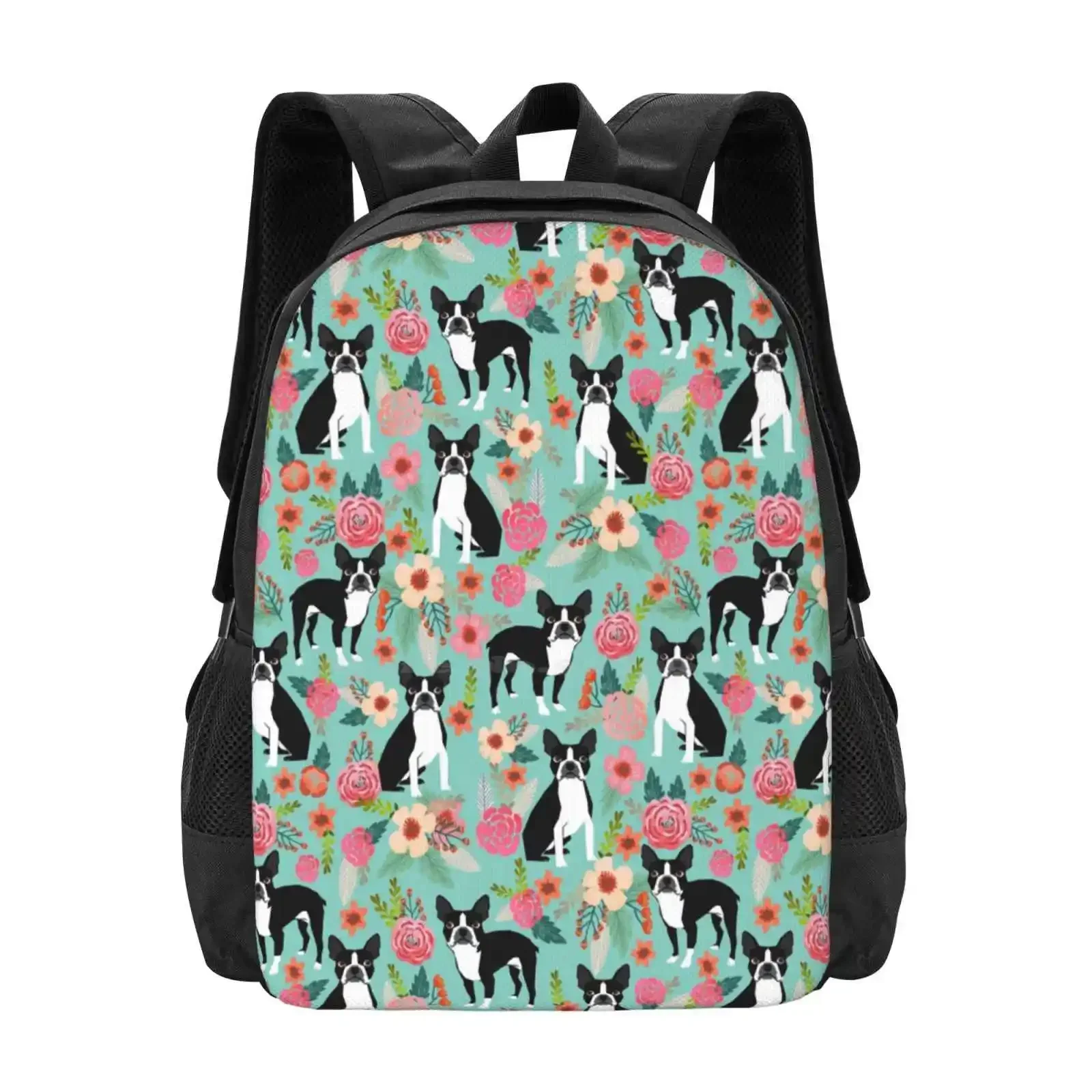 

Floral Boston Terrier Cute Dog Spring Bloom Love Valentines Day Gift Terrier Black And White Puppy Hot Sale Schoolbag Backpack