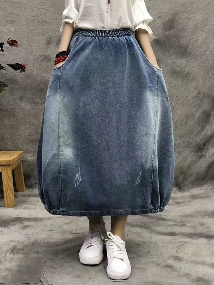 Amax luluE Design Autumn Women Fashion Loose Elastic Ripped Denim Skirts Ladies Vintage Casual Streetwear Classic A-Line Clothes