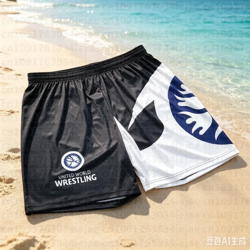 United World Wrestling Men's Kid Fight Shorts Quick Dry Breathable Black White Gradient Print Athletic Training Shorts Boxing