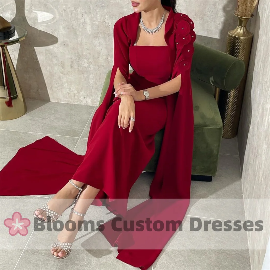 Blooms Long Slit Sleeves Dark Red Prom Dresses Round Applique Saudi Evening Dress for Formal Occasion Wedding Party Gown