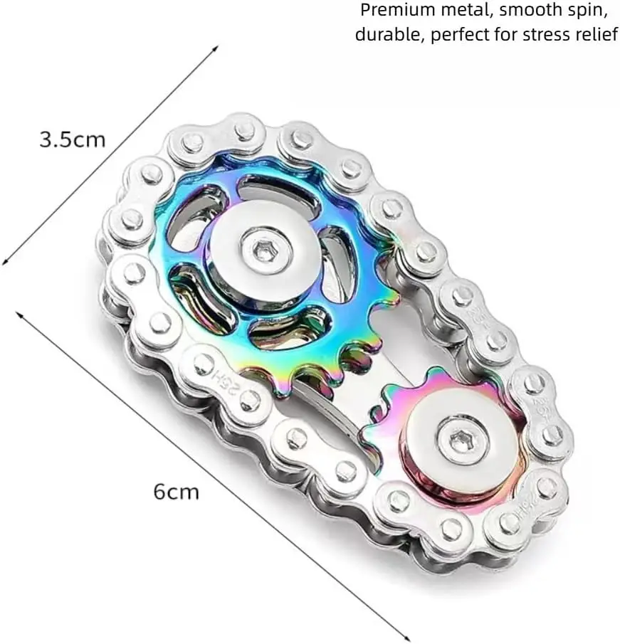 プレミアムレインボーギアチェーンフィジェットスピナー - メタルスプロケットフィジェットトイ - 集中力とストレス解消のためのコンパクトな2.36インチ x 1.38インチ