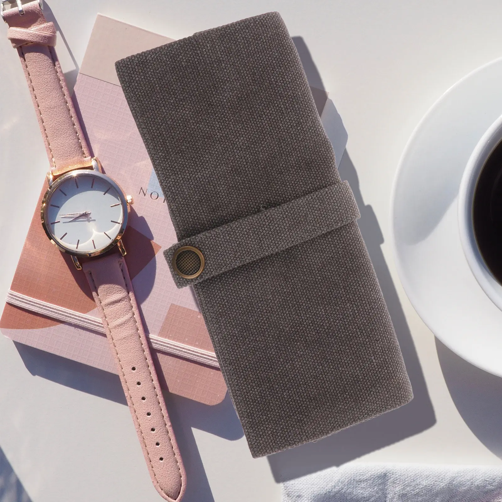Grey Canvas Watch Band Storage Pouch – Portable Rolled Design with Comfort Handle, Pen Holder & Gift Ready
