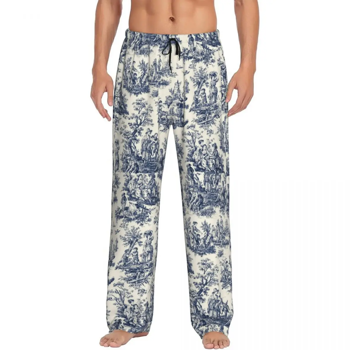 

Custom Printed Men Vintage Toile De Jouy Pajama Pants Navy Blue And White Sleepwear Sleep Lounge Bottoms with Pockets