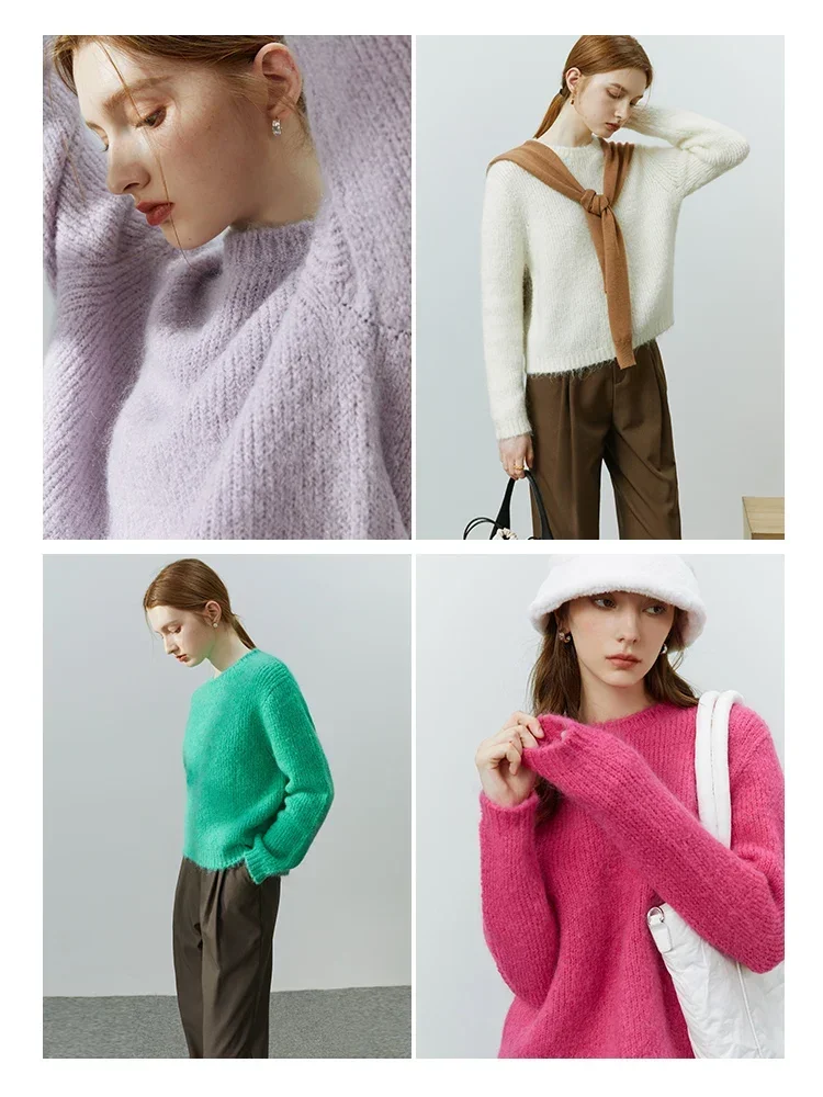 FSLE Soft Glutinous Mohair Sweater Women Autumn Winter Loose Style Round Neck All-match Solid Color Female Pullover Sweaters