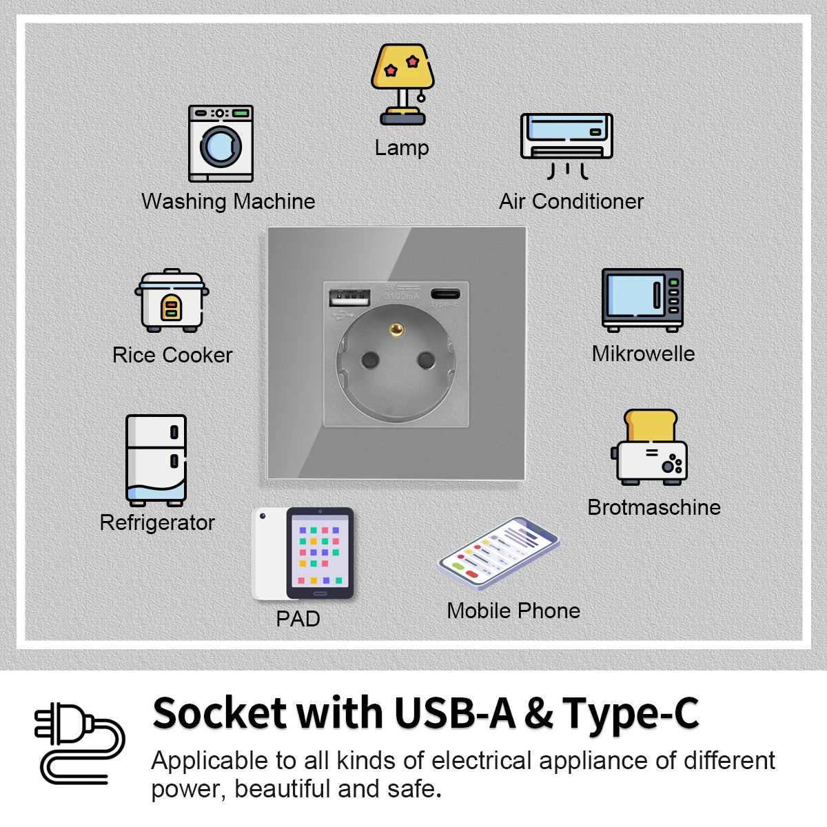 France Standard USB Socket Touch Switch Grey Glass Panel Power USB Type-c Charging Interface AC 110~220V Outlet Home Appliance