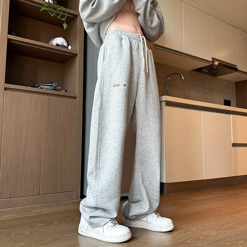 American Style Men Gray Casual Long Pants Trendy Sports Straight Crotch Design Breathable Loose Fit Autumn Winter