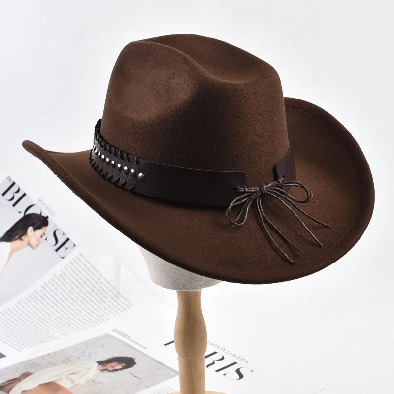 Retro Bull Ox Kopf Niet Leder Band Western Cowboy Hut Unisex Roll Up Krempe Cowgirl Jazz Hut Kirche Sombrero Hombre Caps – Detail 4