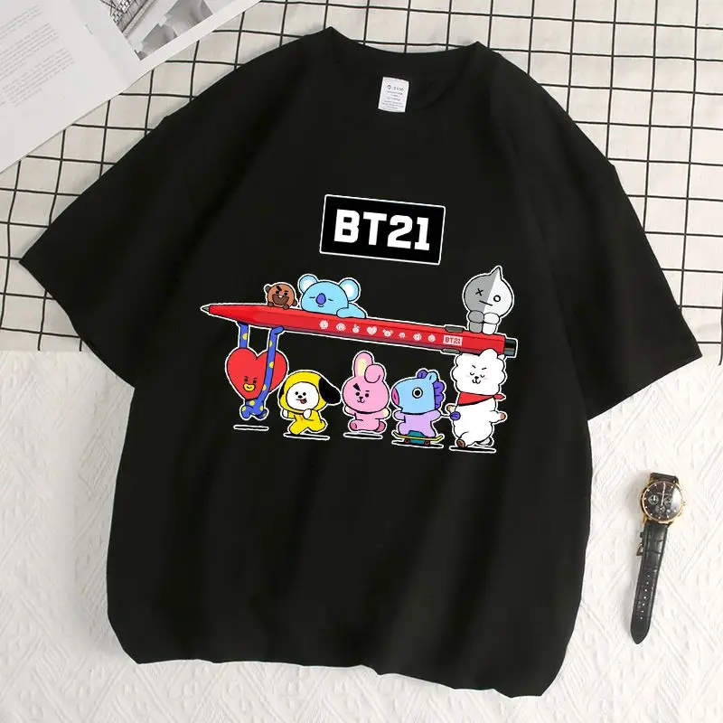 Anime Cartoon Bt21 Peripheral Short-Sleeved Summer Ins Pure Cotton Women\'s T-Shirt Couple Wear Fashion Tops Gifts for Friends