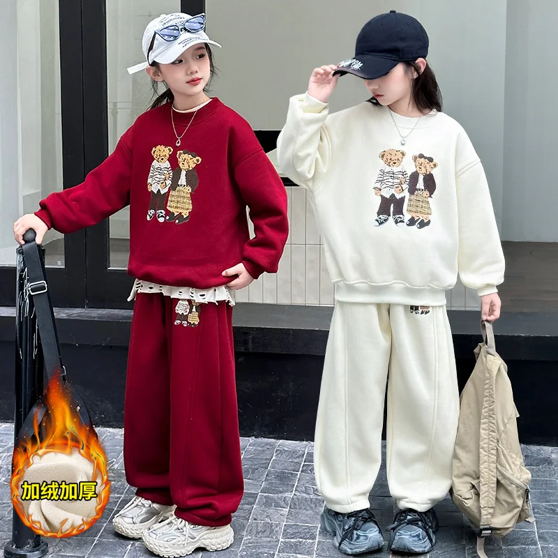 winter teen girls clothes set Thick velvet cartoon hoodie+Sports pants 2pcs junior kid tracksuits suit child outfits conjunto 14