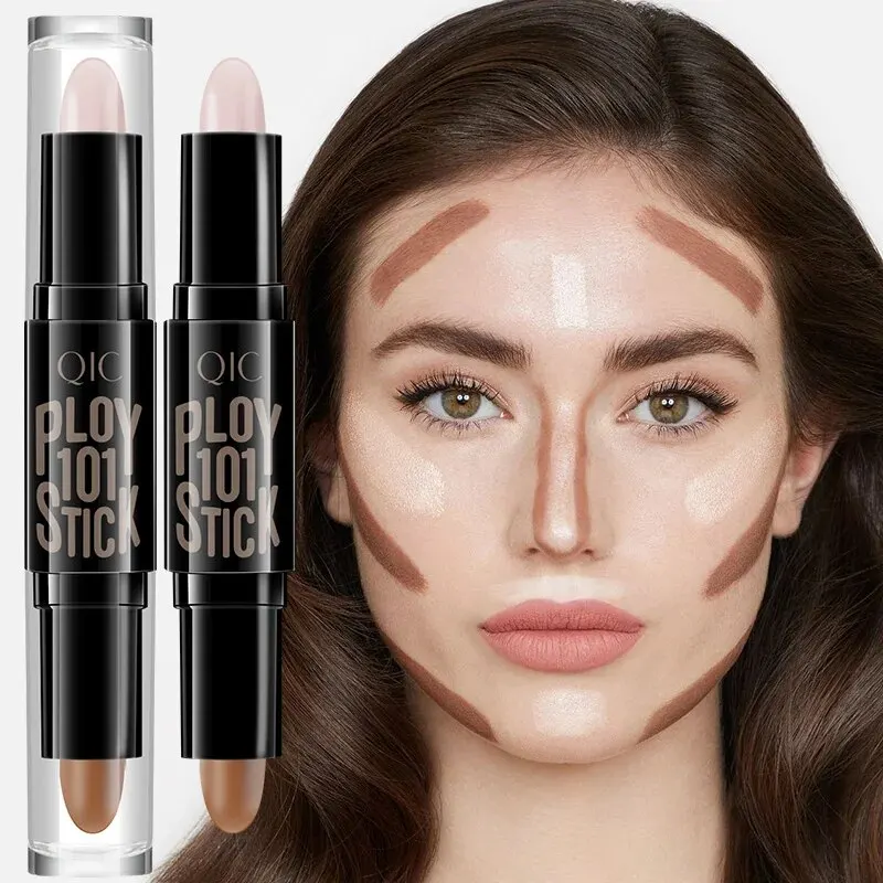 Double Head Contour Stick com escova, rosto, sombra de nariz, creme, contorno, caneta, duradoura, impermeável, bronzeador, maquiagem, cosméticos