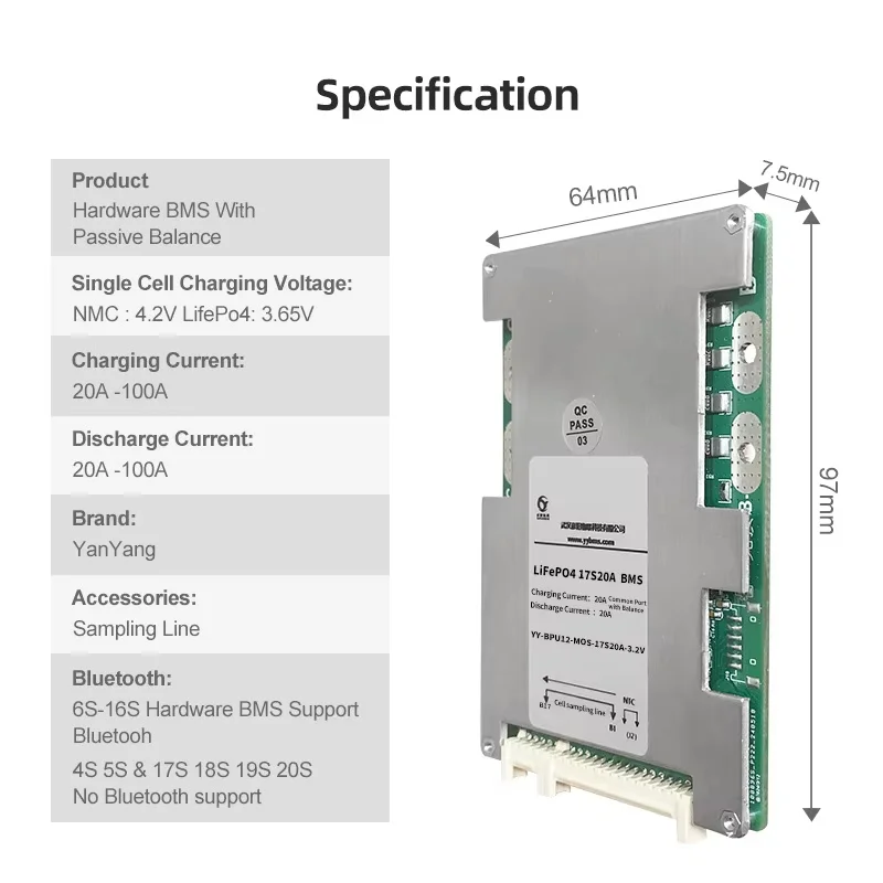 Yanyang 17S 60V 20A 100A LifePO4 tablica zabezpieczająca BMS dla pojazdu turystycznego samochód 18650 System zarządzania baterią 17S BMS