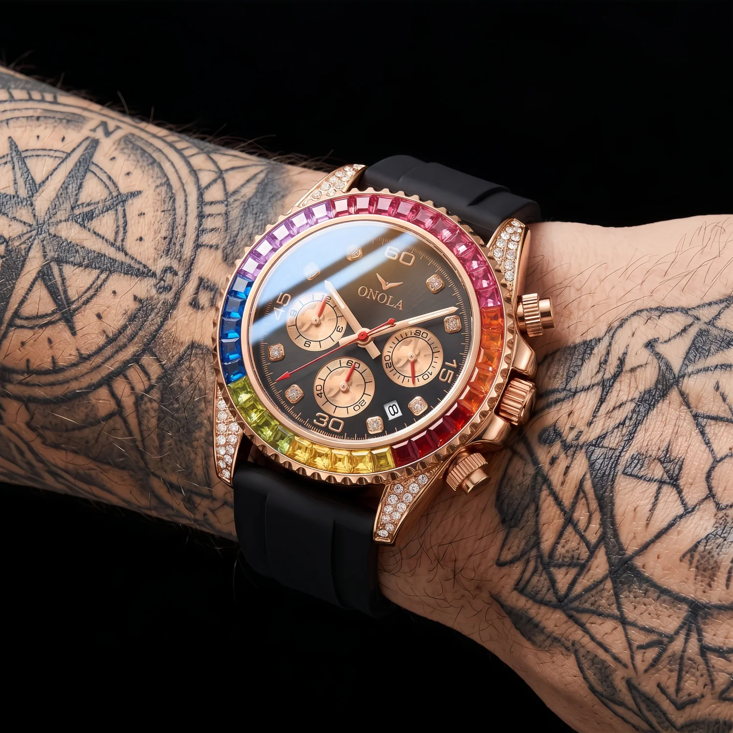 ONOLA Rainbow Square Crystal Men's Quartz Watch Silicone Strap Multi Small Dial Calendar Window Waterproof Watch
