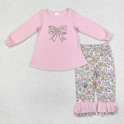 Wholesale Toddler Flower Outfit Set Baby Girl Long Sleeves Embroidery Bow Cotton Tunic Children Ruffle Floral Pants Kids Clothes