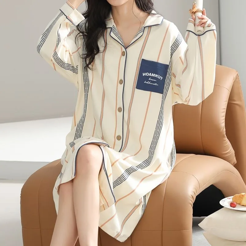 Pure Cotton Pajama Women Spring Autumn Loungewear Slim Stripes Nightgowns Sweet Princess Style Sleepwear Summer Sexy Sleepshirts