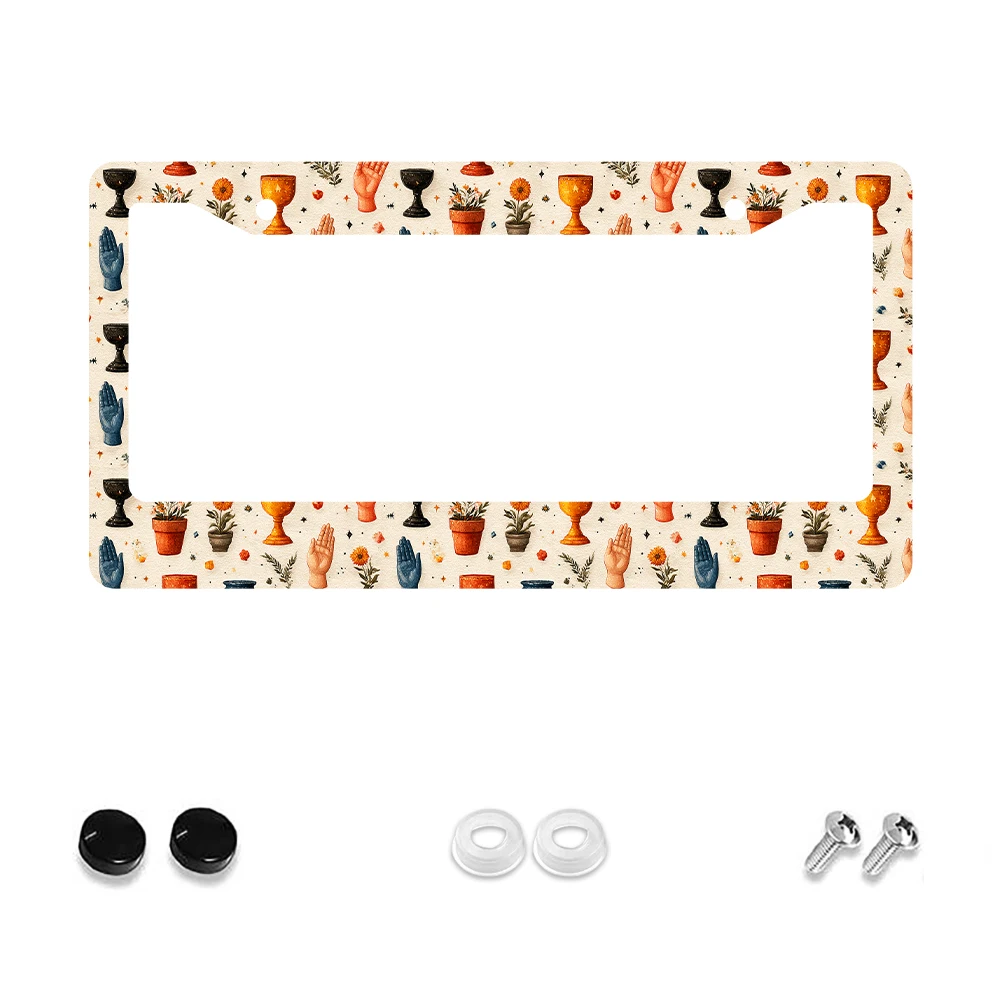 

1pc Retro Orange Floral and Hand Pattern 2-Hole License Plate Frame, Aluminum Material, 6x12 Inches with Screw Kit, Unique Car
