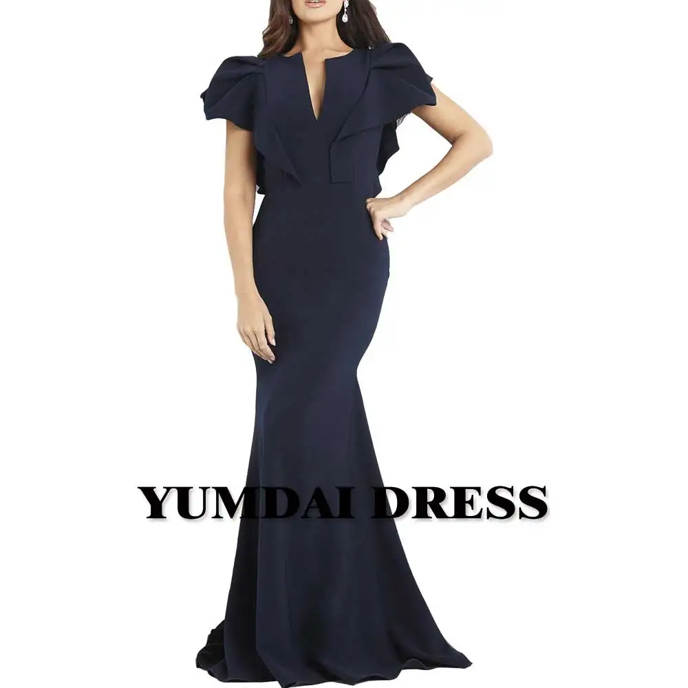 Navy Blue V-neck Fishtail Dress Formal Special Occasion Mom Gown Temperament Evening Dress Sexy Tight Wrap Hip Crepe Ball Dress