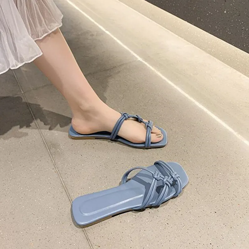 2022 Slippers Women Summer Korean Version New Square-toe Flat Heel Candy Color Fashion Outer Wear Sandals Slippers Size 42