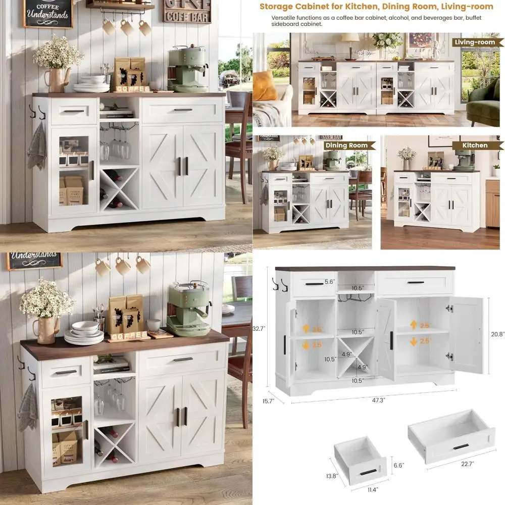 Шкаф для кофе и вина в фермерском стиле со стеклянными держателями и ящиками для хранения вещей