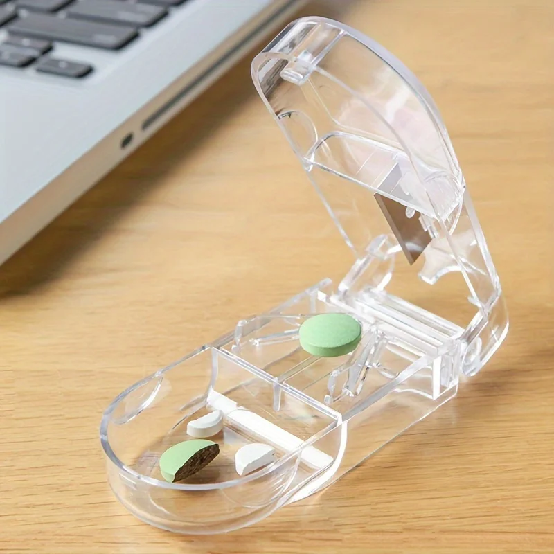 Kompakter 2-in-1-Pillenschneider und Organizer – leicht zu tragendes Design, ideal für Vitamine und Fischöl-Ergänzungsmittel