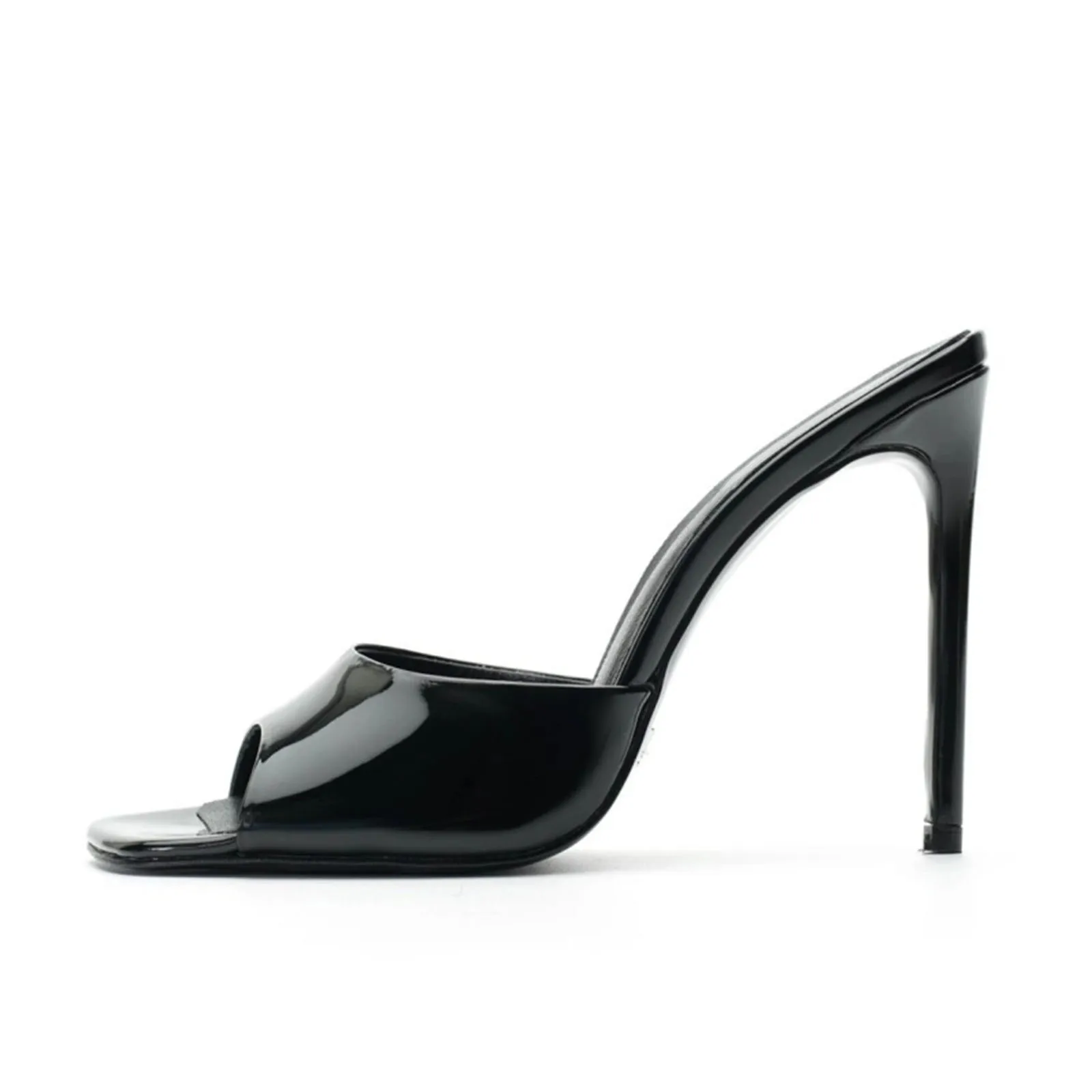 

Arden Furtado Summer Patent Leather Peep toe shoes square toe Super high heel Word slippers Extra-large size thin heels Mules
