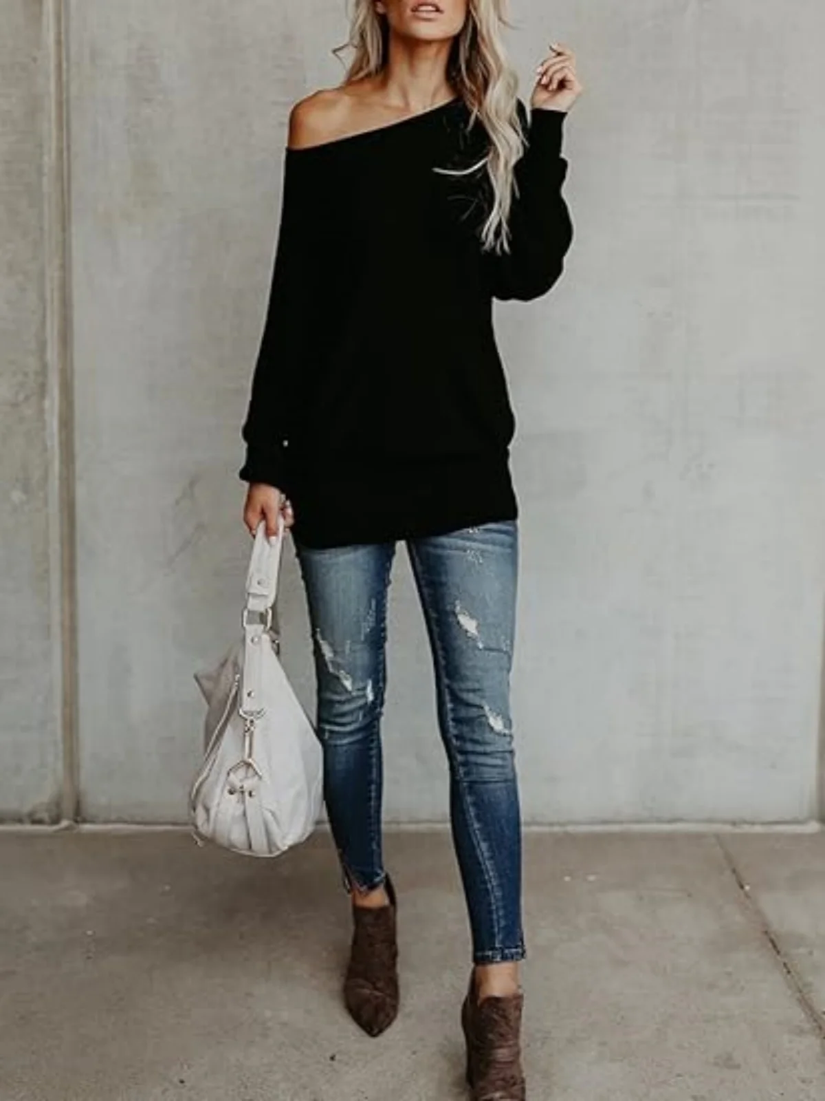 Off Shoulder Sweater Women Long Sleeve Slash Neck Oversized Knitted Sweaters Solid Color Casual Loose Fit Long Pullover Tops