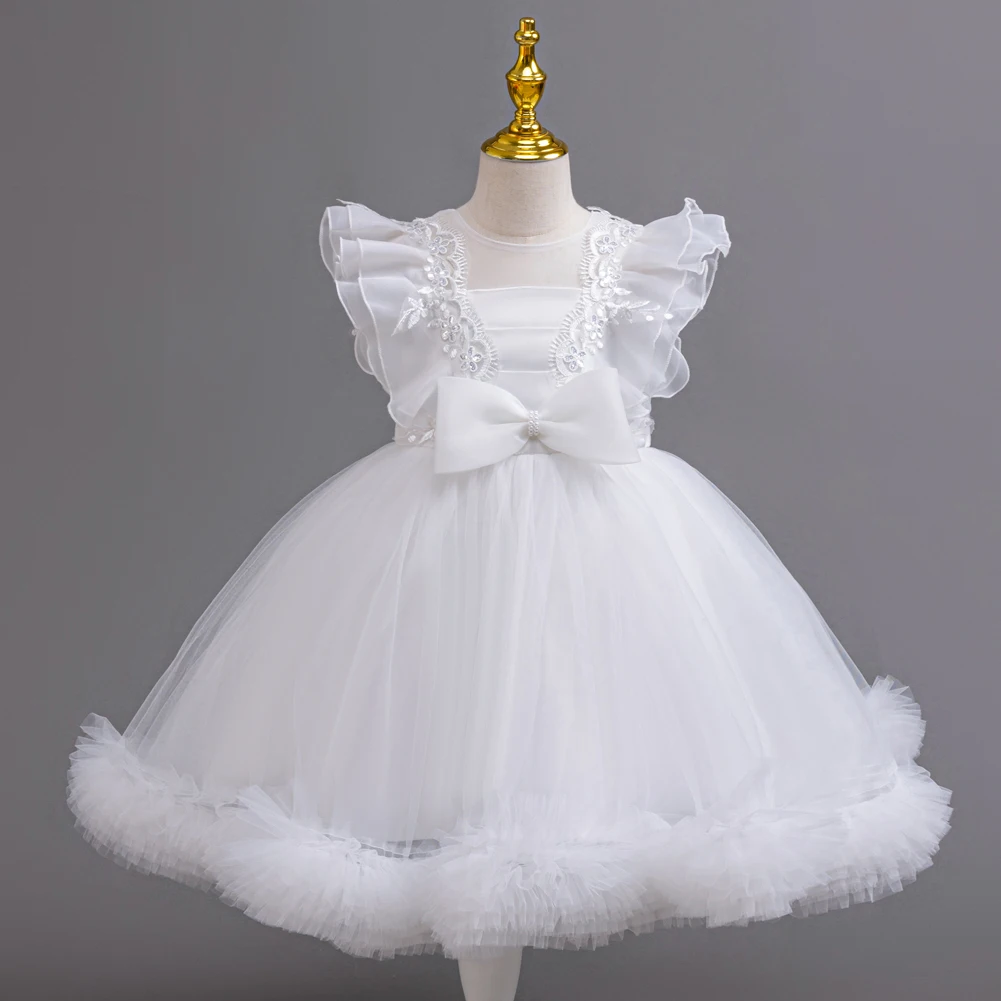 

Polyester girl bow dress Wedding Flower Girl White Princess Dress for Girls - Tulle & Lace For 2-10 year