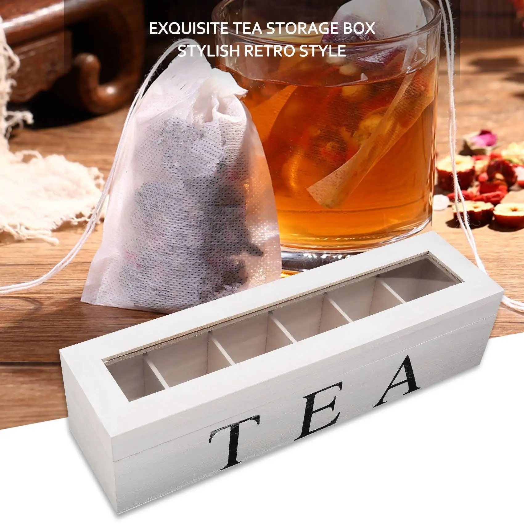 Coffe and Tea Box Organizer Wooden with Lid Coffee Tea Bag Storage Holder Organizer for Kitchen Cabinets A