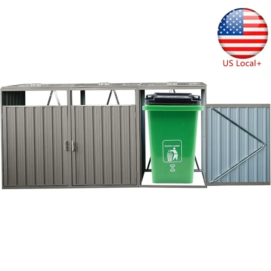 Outdoor trash can storage shed for 3 bins and tools, metal, light grey, waterproof and weather-resistant