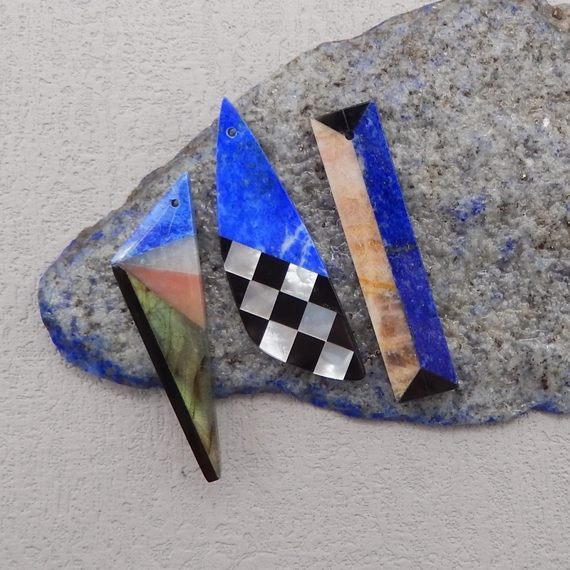 3Pcs Natural Stone Pendants For Jewelry Making,Lapis Lazuli Labradorite Obsidian Pendants DIY Making,42x13x3mm,8g
