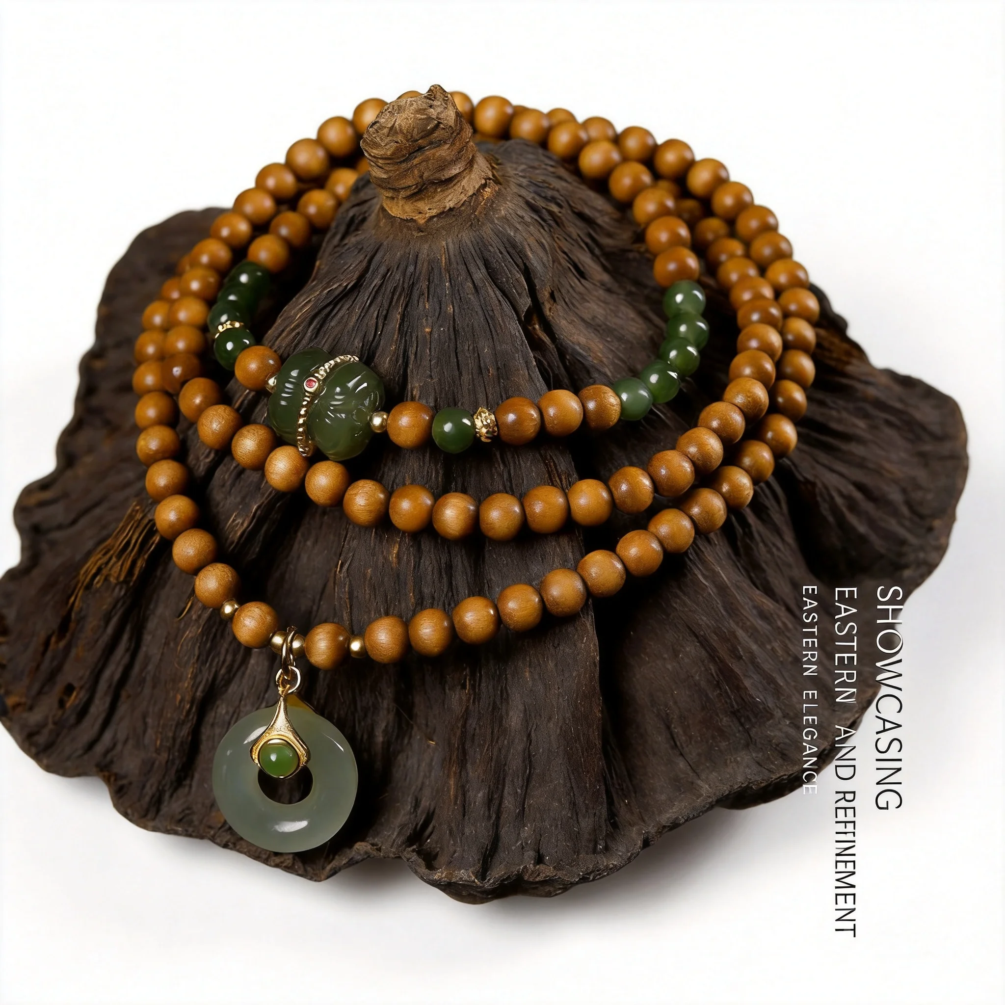 Pulsera Multicapa de Madera de Sándalo Estilo Chino con Cuentas y Colgante de Jade Hetian con Hebilla de la Paz, Amuleto de Buena Fortuna Unis