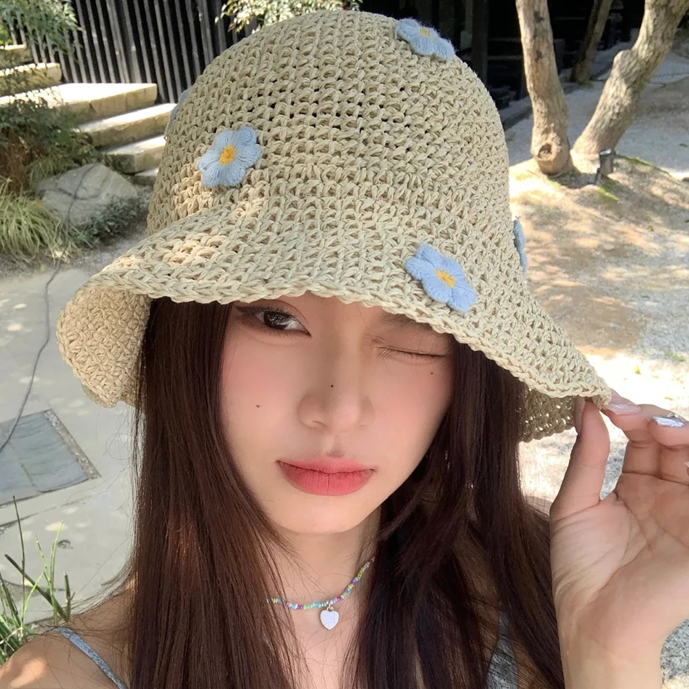 Bohemia Hollow Blue Flower Straw Caps for Women Summer Seaside Vacation Sun Protection Sun Hat Summer Sense Beach Bucket Hat