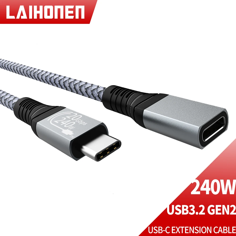 240W USB C Extension Cable Audio/Video 4K@60HZ Type-C Male To Female Extender Cable For Macbook Pro Air 20Gbps USB Data Cable 3M