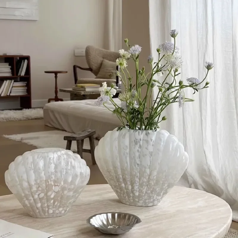 French Style Shell Glass Vase Flower Arrangement Ornament High End Niche Home Decoration Medieval Style Vase