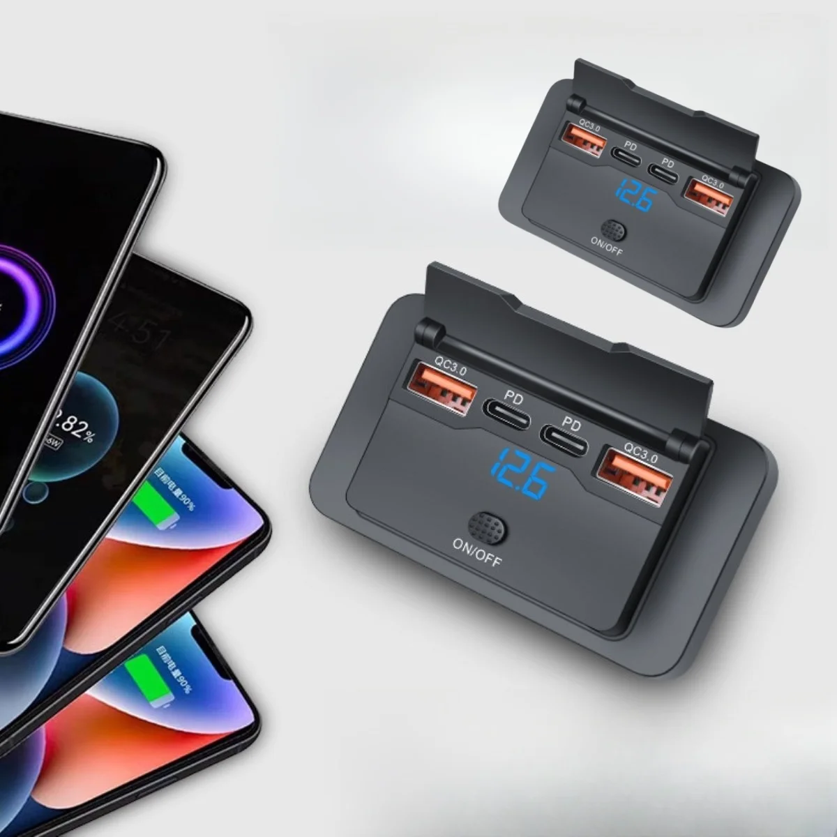 4-Port-USB-Autoladegerät mit QC3.0 – 12 V–24 V, 3 USB + 1 Typ C, integriertem Netzschalter, Überlastschutz für Autos und Motorräder